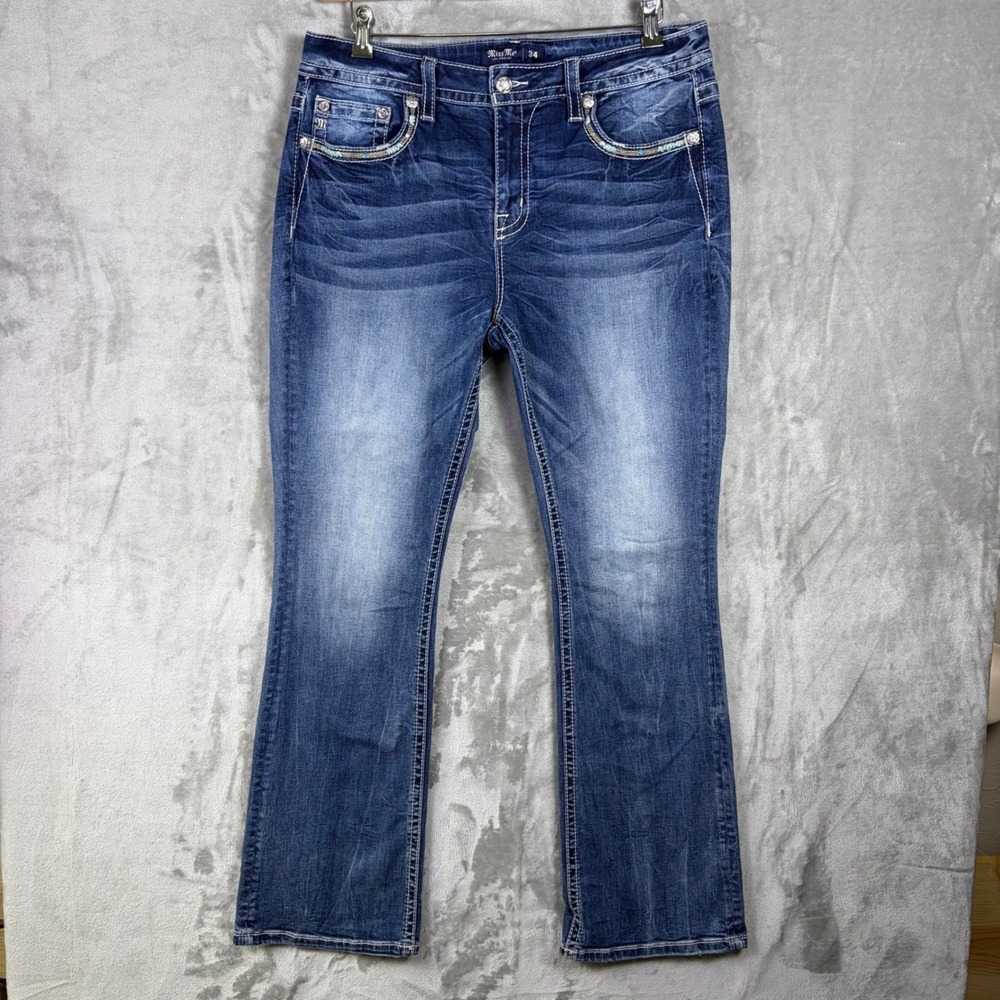 Miss Me Mid Rise Bootcut Jean Size 34 Embellished Blue Denim Women's M3892BV